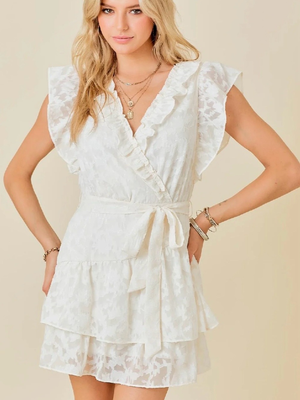 Altard State White Ruffle Wrap Tiered Mini Dress